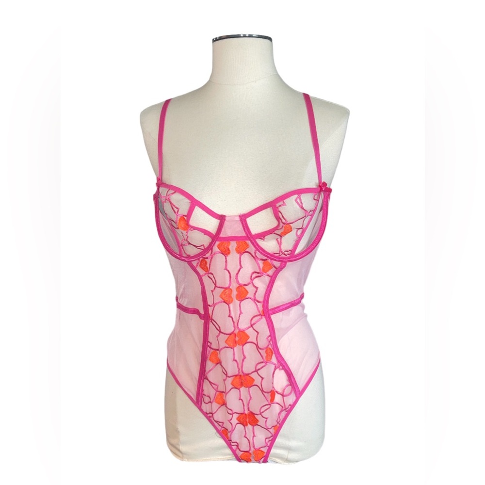 Pretty Little Thing + Pink Contrast Embroidered Heart Lace Up Lingerie Bodysuit